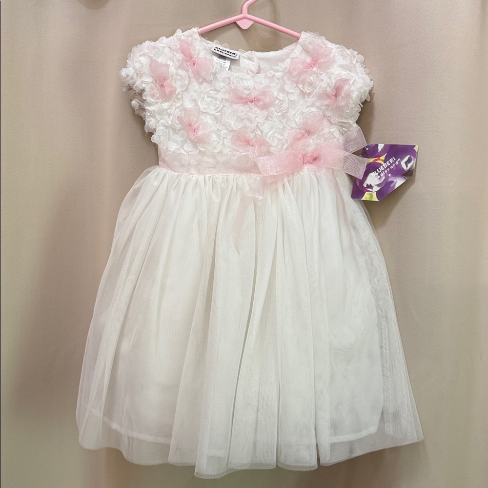 Blueberi Boulevard Toddler Flower Girl Dress White Tulle Pink Rosettes 24M